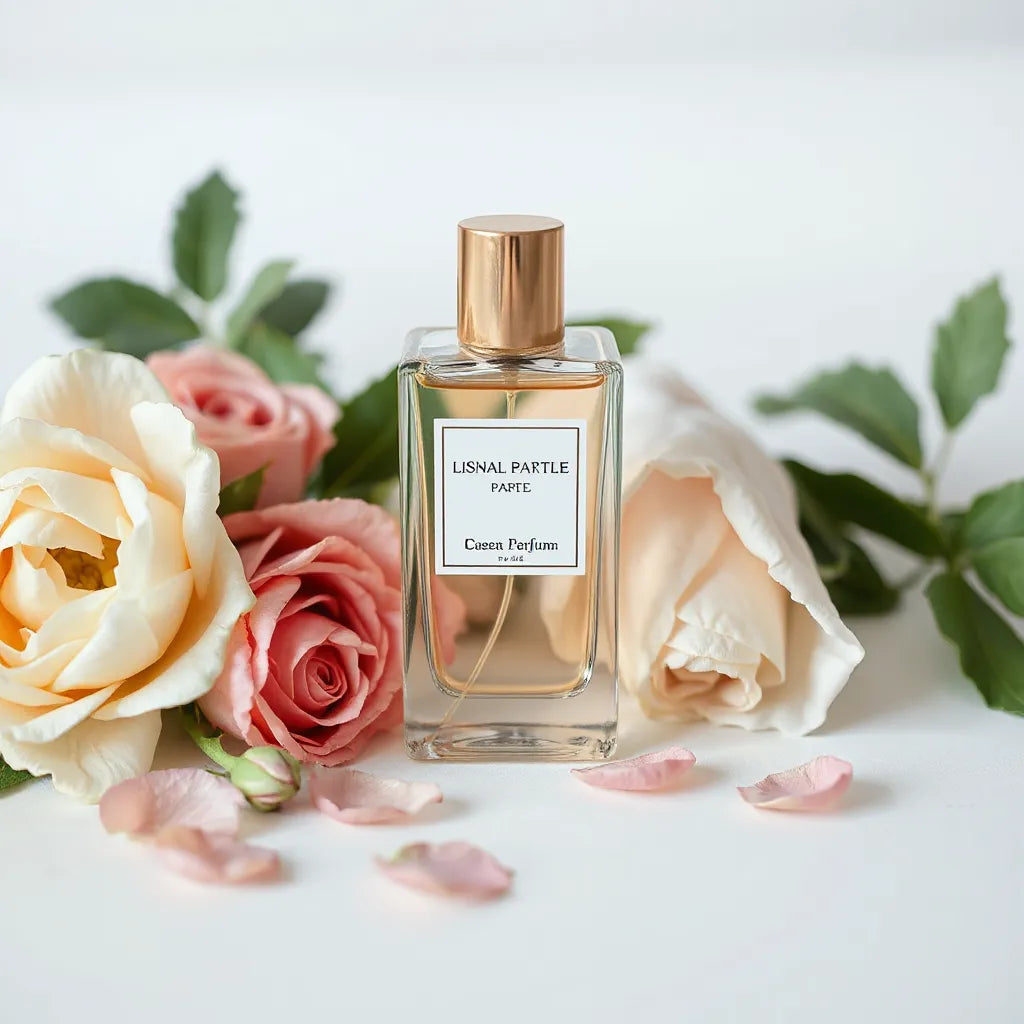 Elegant perfume bottle beside fresh rose and peony petals on a light background