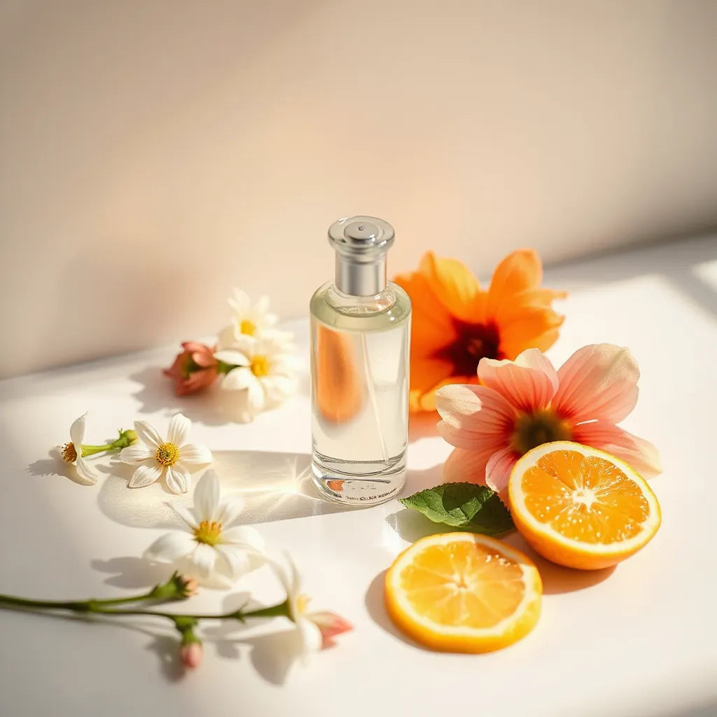 Sunlit perfume bottle with a fresh floral-citrus arrangement on a minimalist vanity