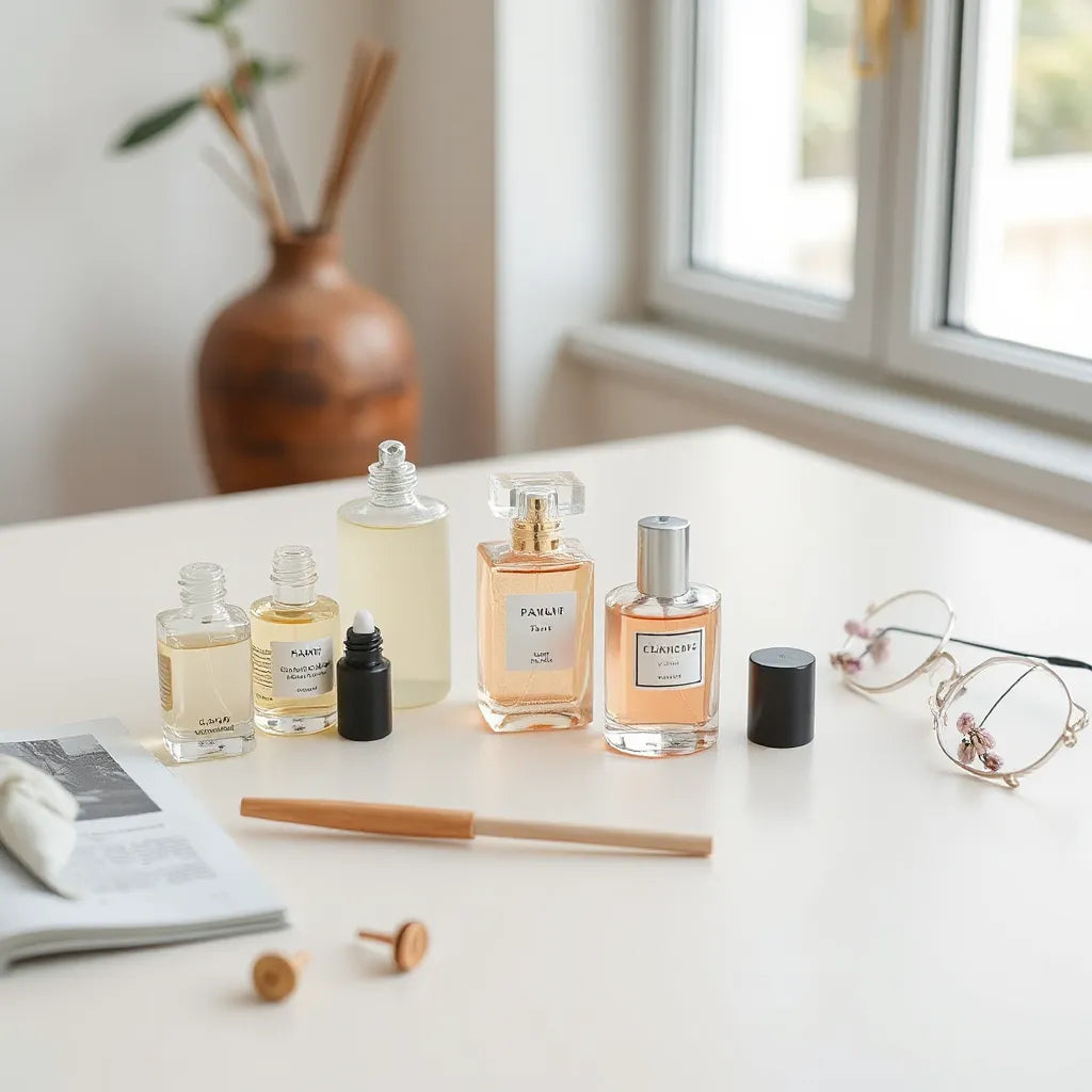Neatly arranged perfume bottles in a combo set on a light table with soft natural lighting