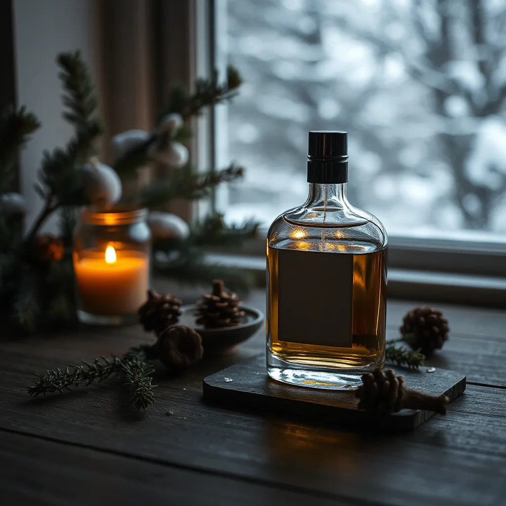 Amber-lit perfume bottle with pine branches and warm woody scent elements on a winter table