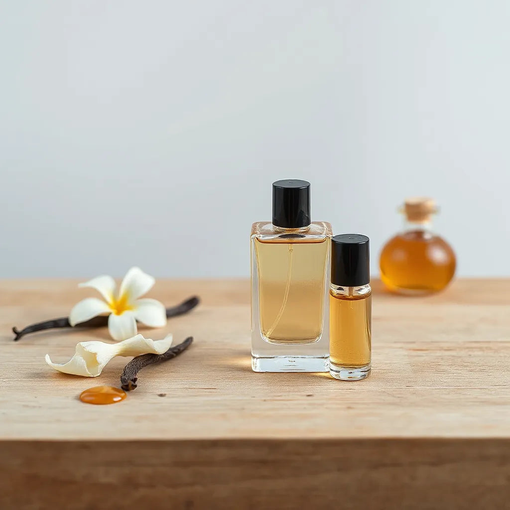 Elegant perfume bottles on a wooden surface with flowers and warm amber-toned highlights.