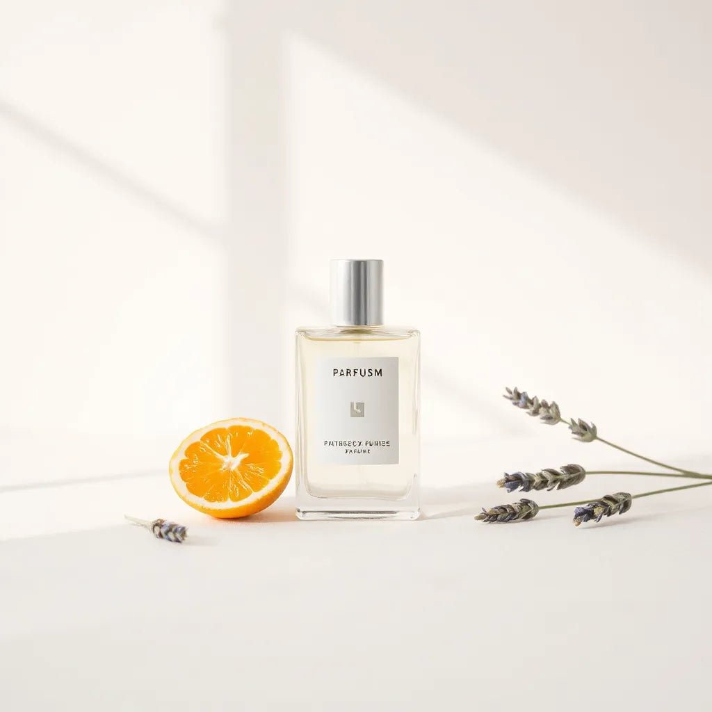 Minimal unisex perfume bottle on a light background with citrus and lavender accents