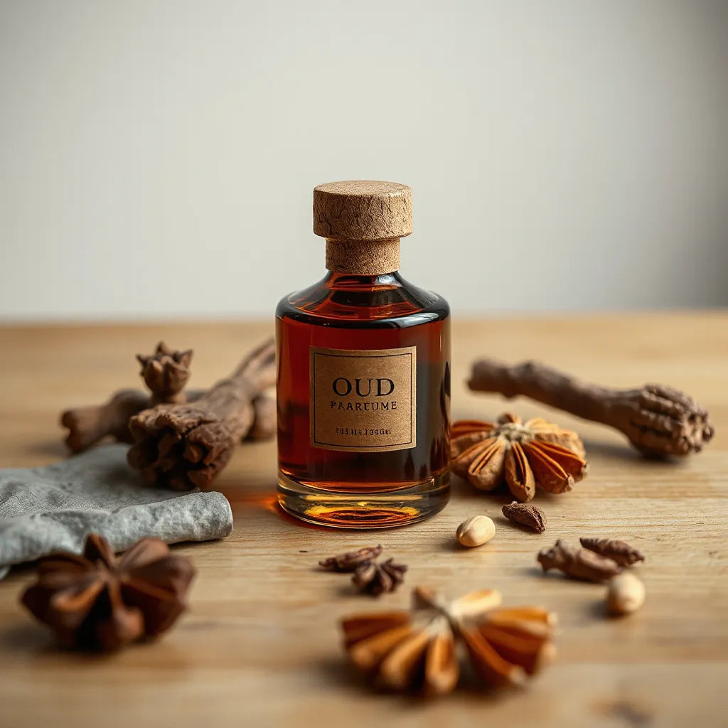 Amber oud perfume bottle with wooden cap on a wooden surface, with oud wood pieces nearby
