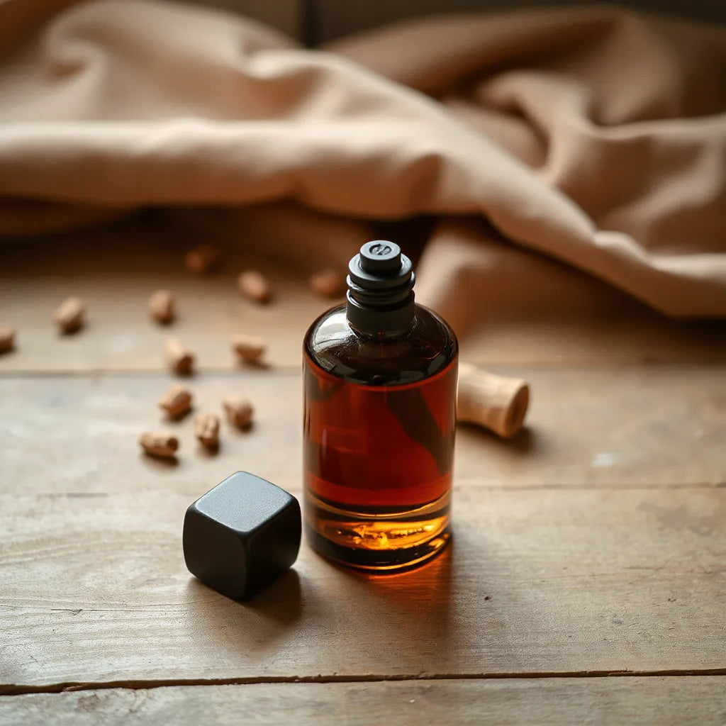 Dark amber perfume bottle on warm wood with subtle cedar accents and soft musky lighting