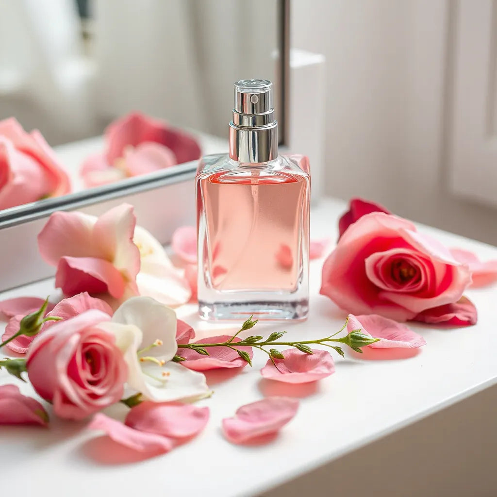 Minimal perfume bottle with soft floral petals and blossoms on a light vanity